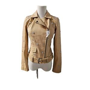 NEW G‎ by Giuliana Studded Rhinestone Faux Leather Tan Moto Cropped Jacket XXS 0